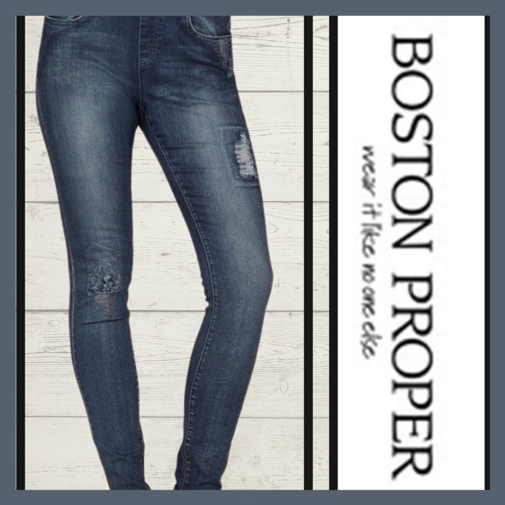 BOSTON PROPER DISTRESSED PULL-UP SKINNY JEANS